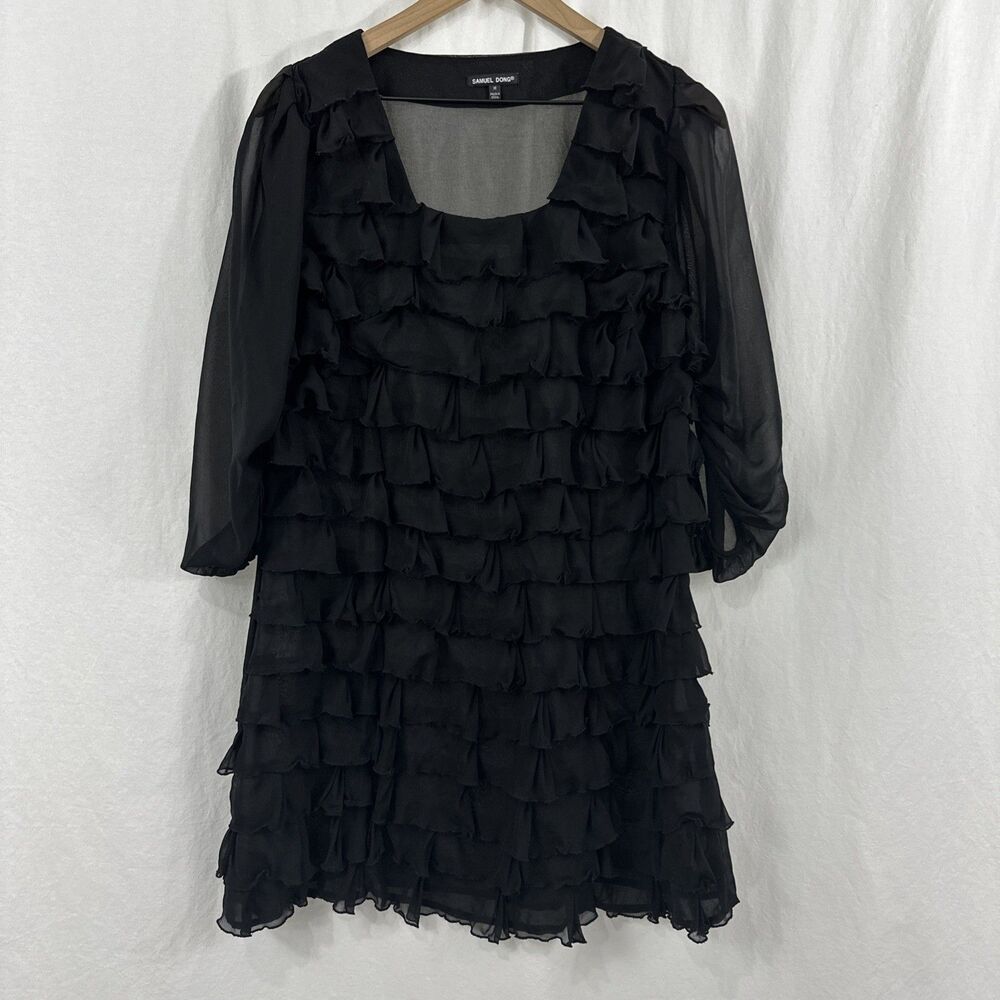 Samuel Dong Ruffle Tiered 3/4 Cape Sleeve Sheer Dress Size M Avant Garde Classic